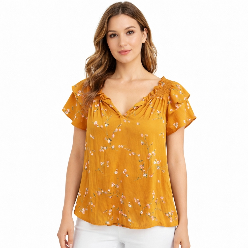 Express Yellow Flutter Sleeve Blouse with Ruffled Details